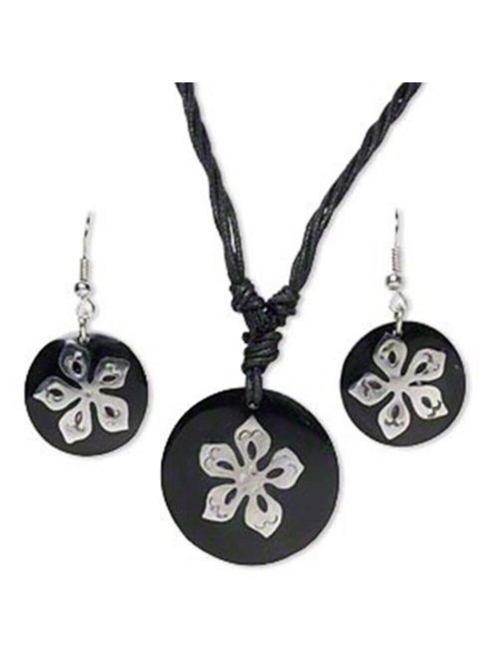 Black Resin & Stainless Steel Mod Retro Flowers Necklace Earrings Jewelry Set